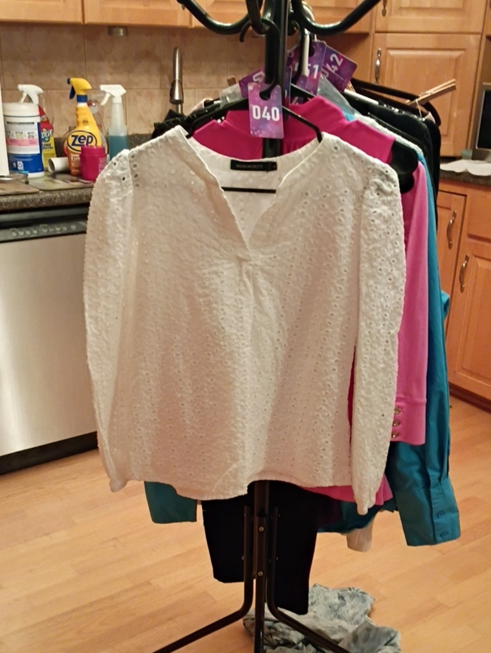 White Eyelet V-Neck Long Sleeve Blouse - Lightweight Women’s Top